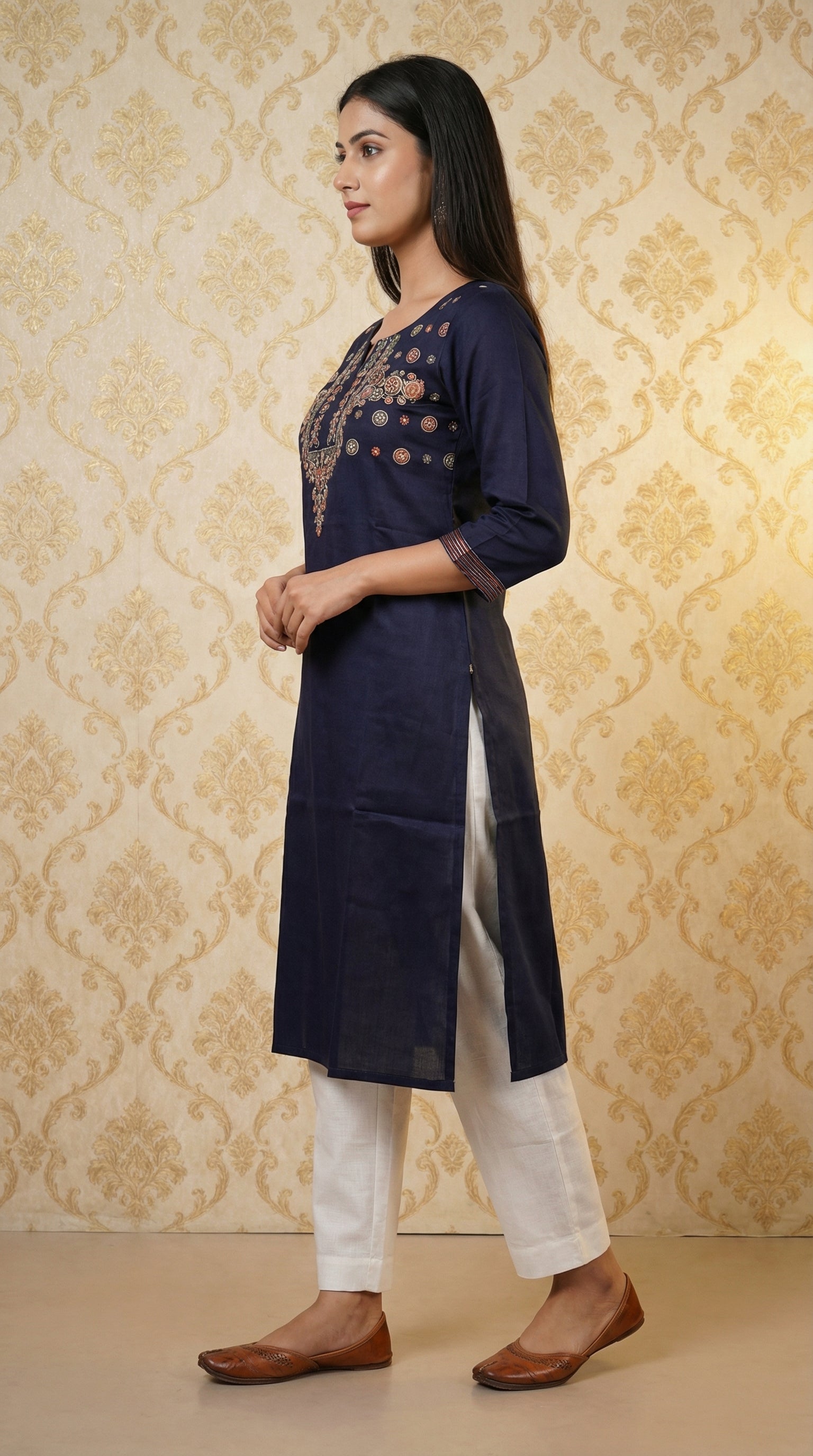 Graceful Gaji Silk Navy Blue Straight Cut Kurti with Thread Embroidery Work