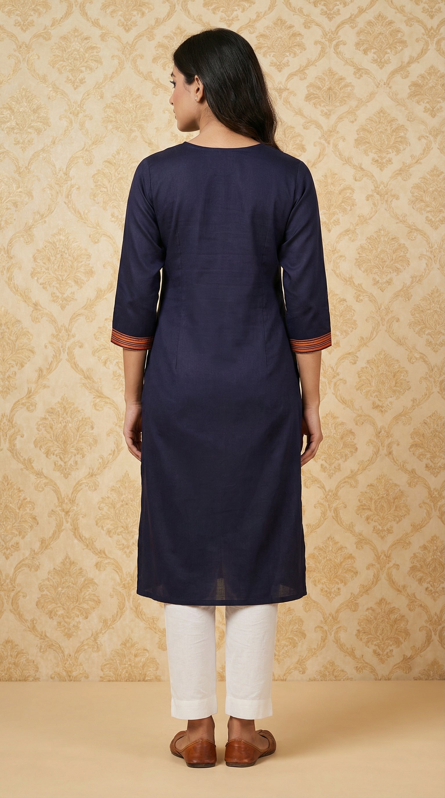 Graceful Gaji Silk Navy Blue Straight Cut Kurti with Thread Embroidery Work