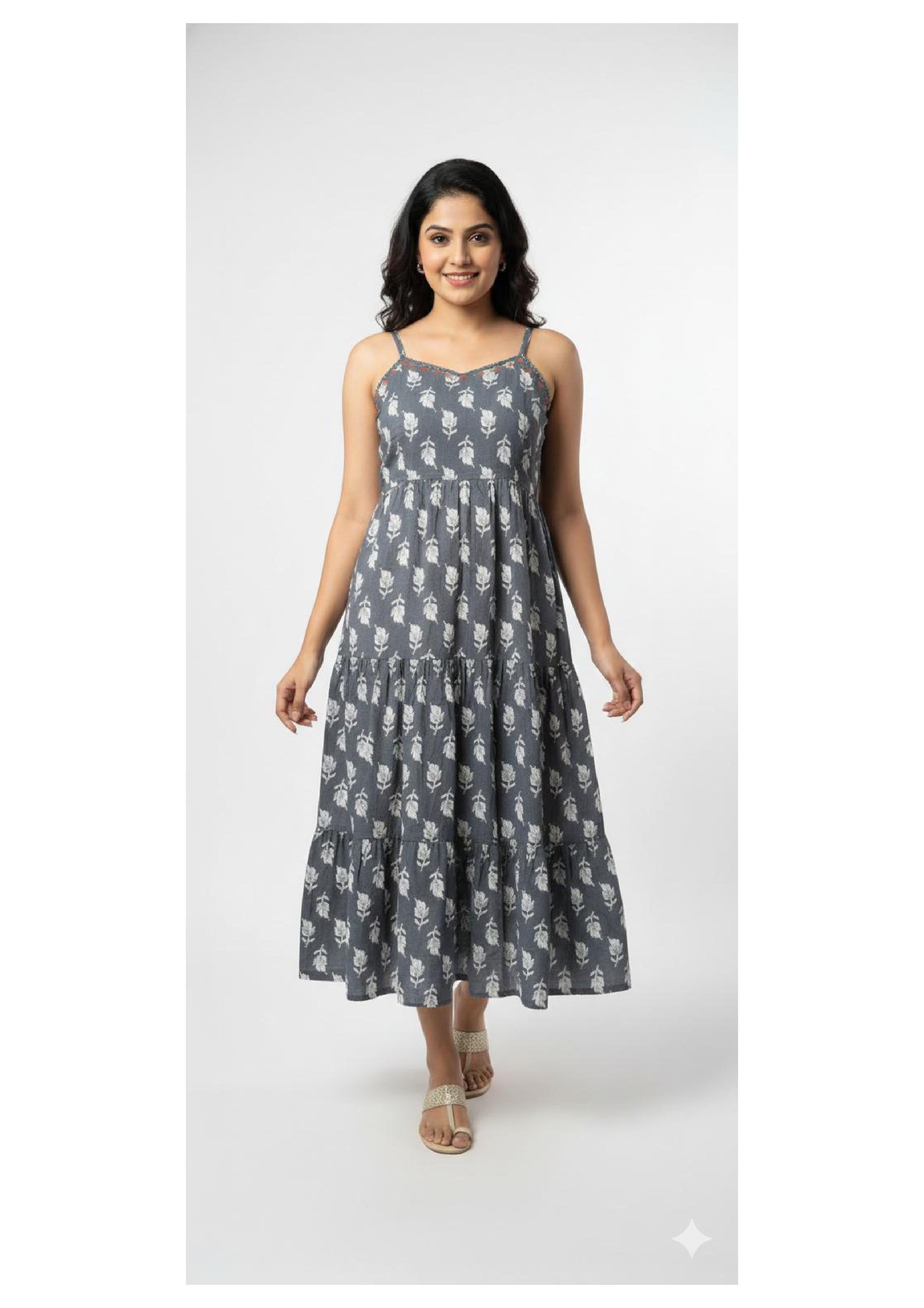 Embroidery & Mirror work Stylish Spaghetti Long Gown for Women