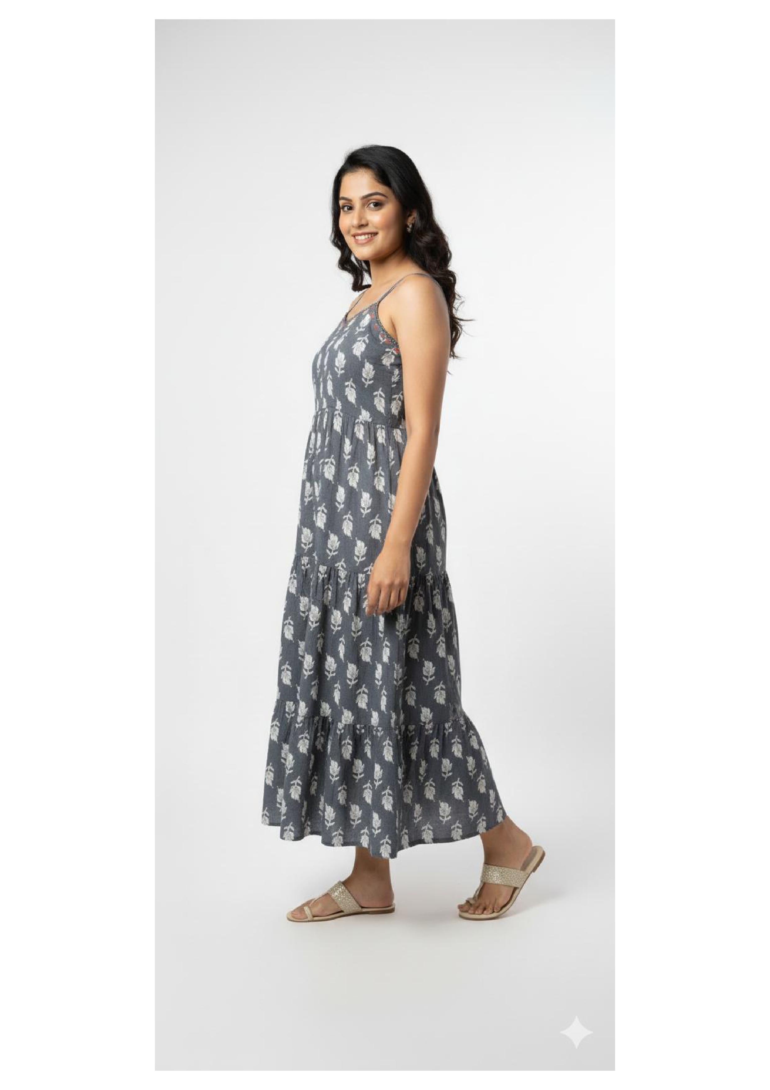 Embroidery & Mirror work Stylish Spaghetti Long Gown for Women