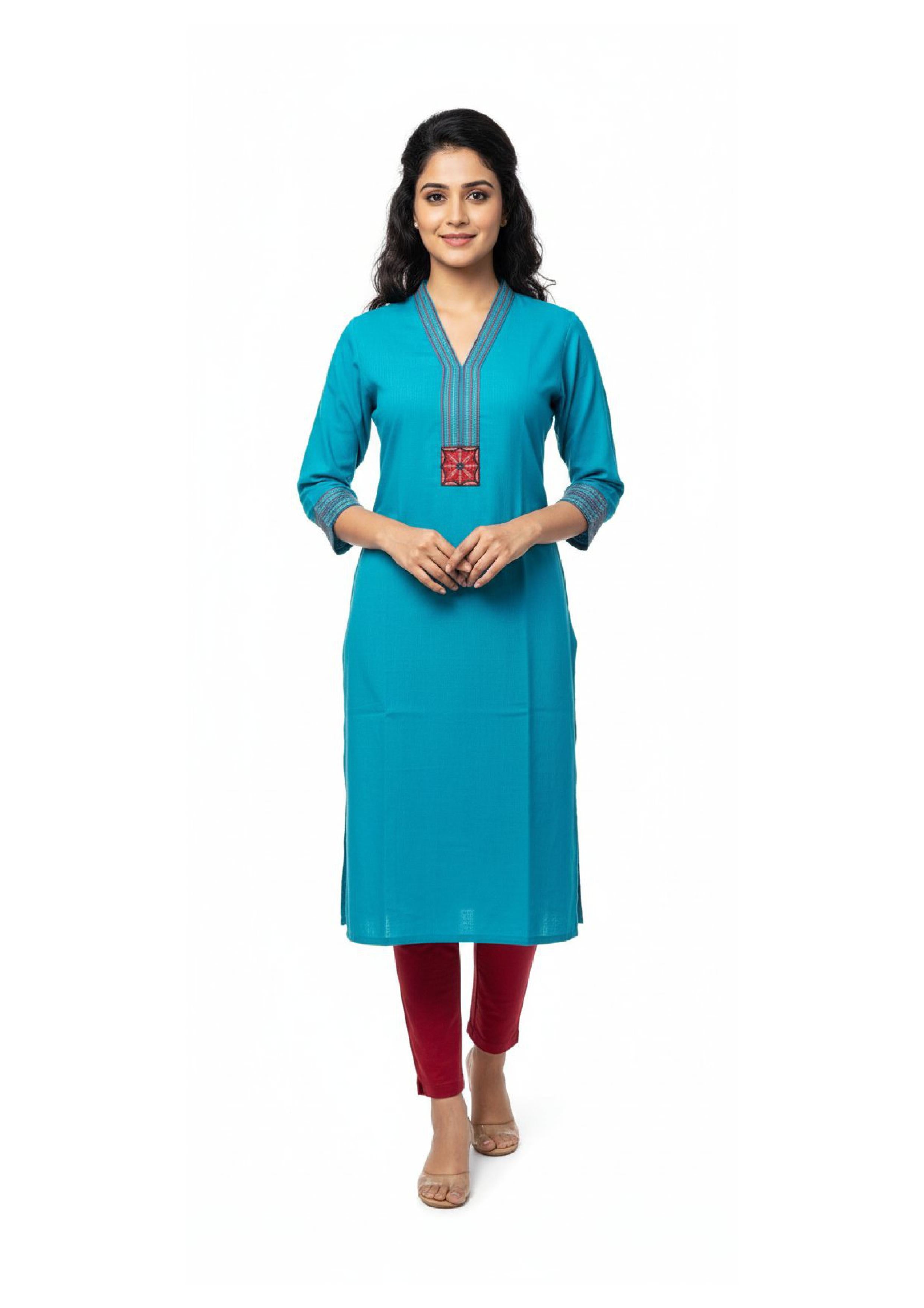 Stylish Long Kurti for Women with Thread Embroidered Neck work