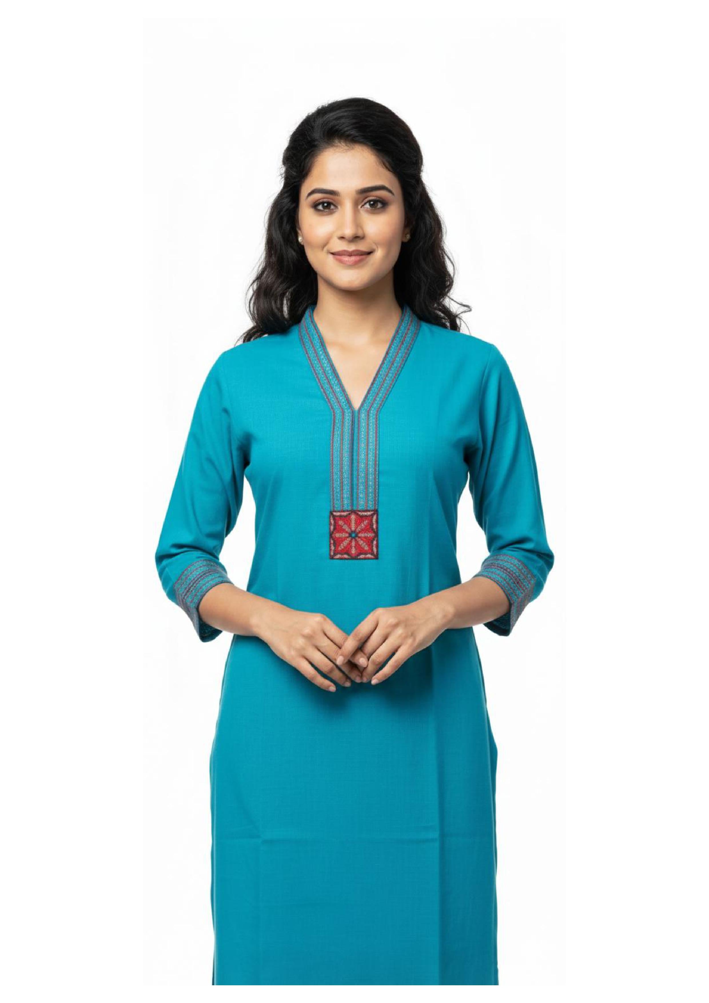 Stylish Long Kurti for Women with Thread Embroidered Neck work
