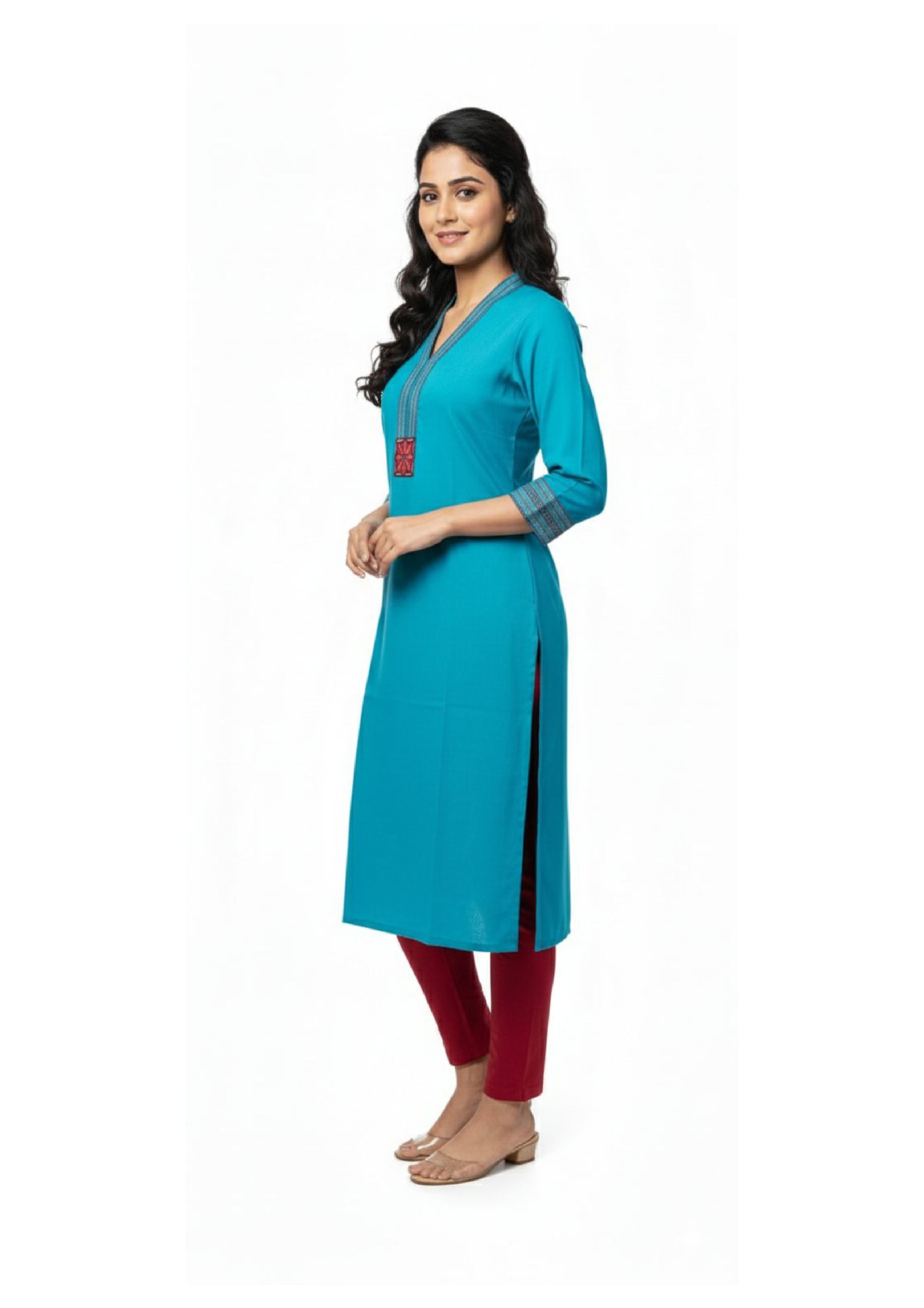 Stylish Long Kurti for Women with Thread Embroidered Neck work