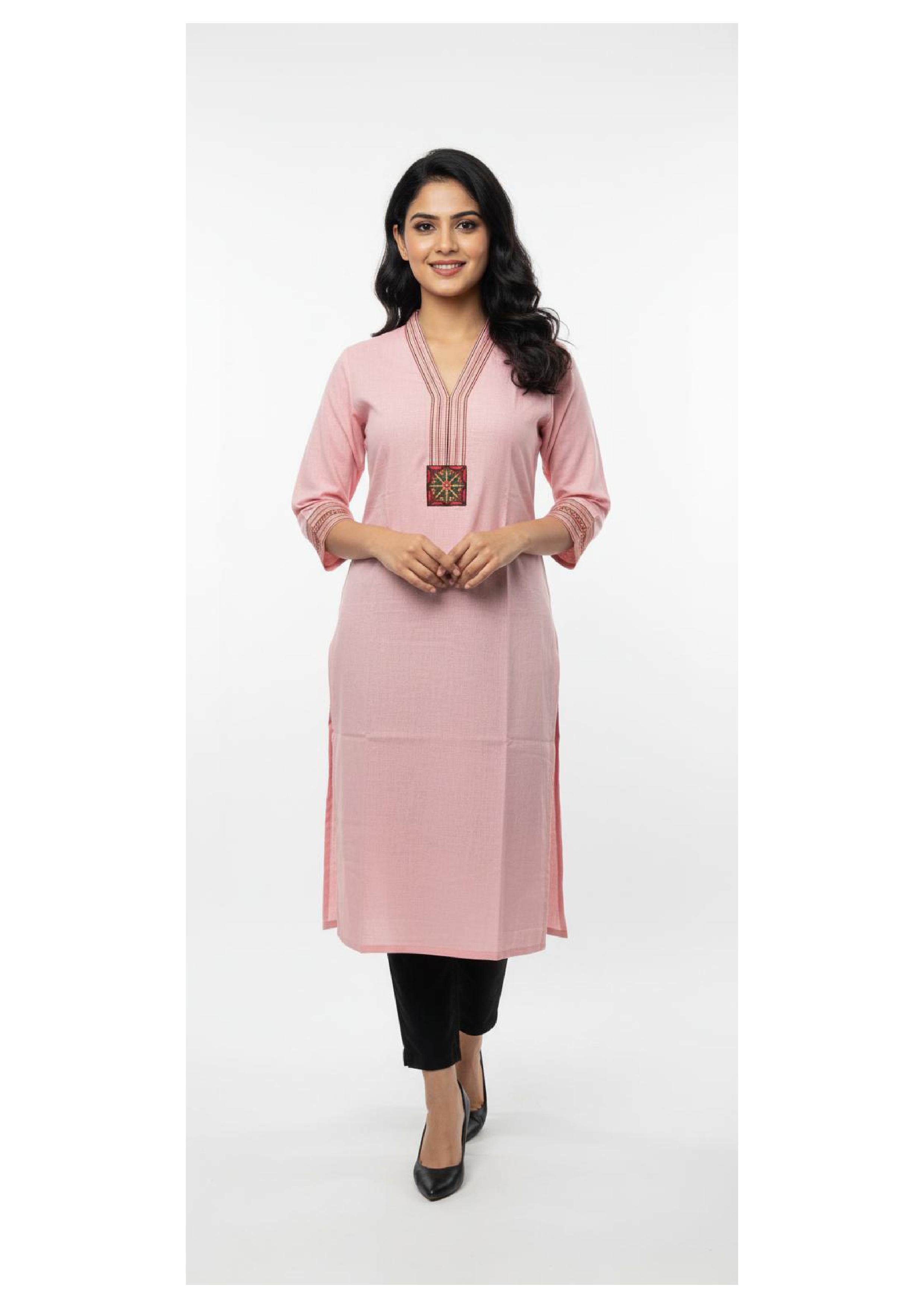 Stylish Long Kurti for Women with Thread Embroidered Neck work